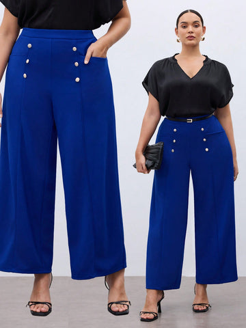 Plus Size Solid Double Breasted Suit Pants