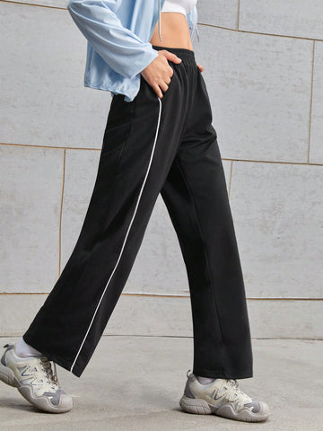 Elastic Waist Contrast Piping Sports Pants With Slant Pockets