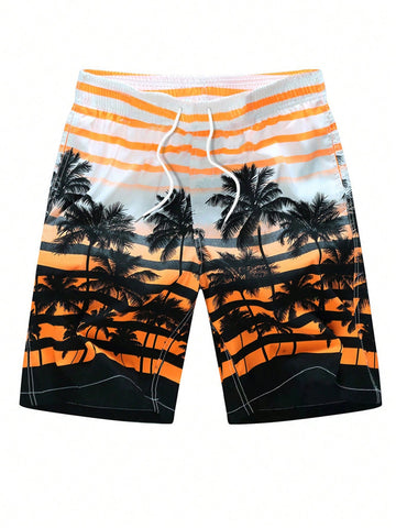 Men Striped Coconut Tree Print Drawstring Waist Summer Holiday Casual Shorts