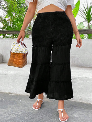 Plus Size Women's Pants With Pleated & Ruffled Hem Detail Beach