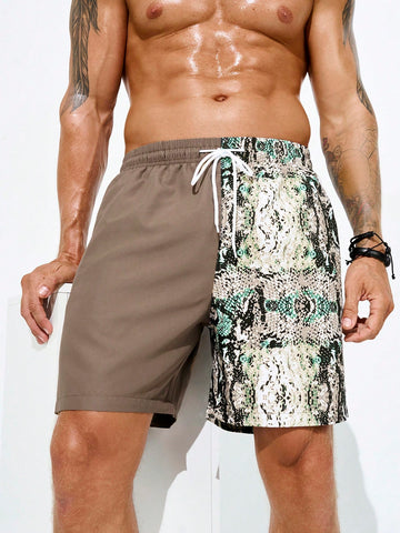 Men Vacation Contrast Color Printed Splice Drawstring Waist Beach Shorts