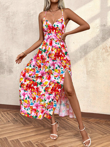 Women Floral Print Vacation Long Slip Dress With Side Slit Hem