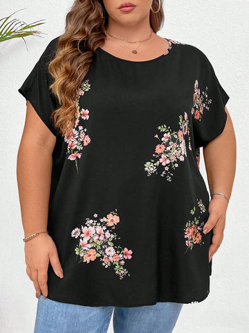 Plus Size Holiday Round Neck Short Sleeve A-Line Floral Printed Shirt