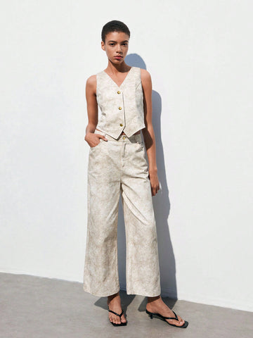 Summer Utility Women Sleeveless Top With Front Button Closure V-Neckline + Pocketed Long Pants Suit