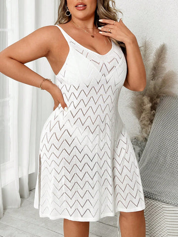 Plus Size Solid Color Knitted Sleeveless Dress With Side Slits And Thin Shoulder Straps