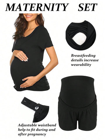 Casual Solid Color Round Neck Short Sleeve Top + Shorts Maternity Two Piece Set