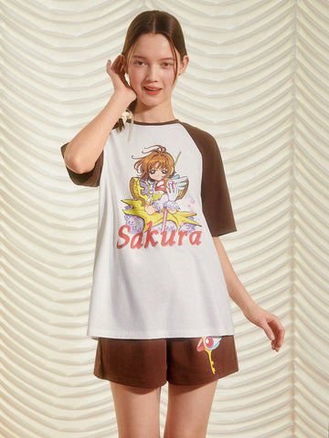 Casual Summer Color Block Raglan Sleeve T-Shirt With Cartoon Character And Letter Prints And Matching Shorts