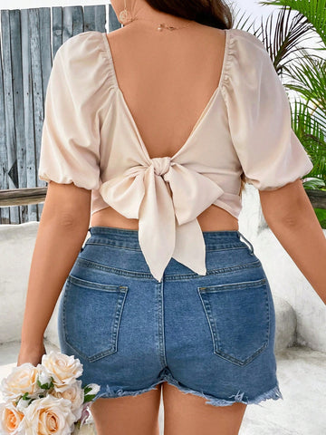 Plus Size Women Summer Back Knot Textured Floral Bubble Sleeve Shirt
