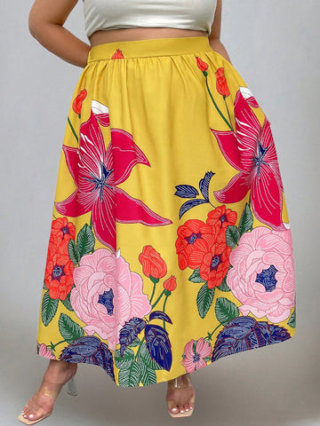 Plus Size Floral Print Long Vacation Skirt