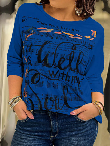 Plus Size Women Spring Summer Casual T-Shirt With Music Note Print, Round Neck And Long Sleeves
