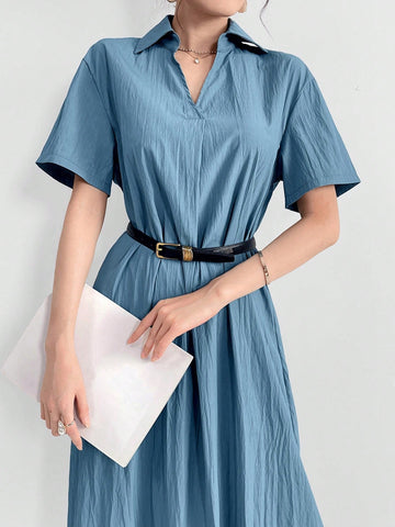 Solid Color Turn-Down Collar Short Sleeve Summer Dress