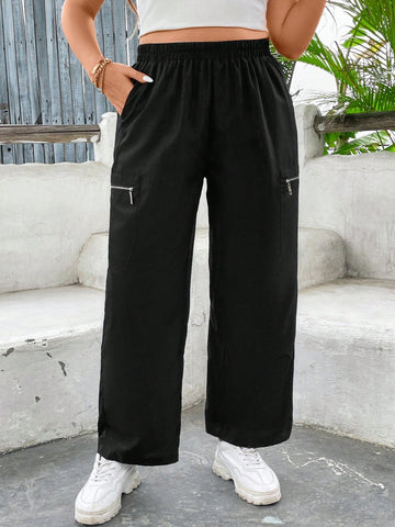 Plus Size Elastic Waist Casual Straight Pants With Slanted Pockets