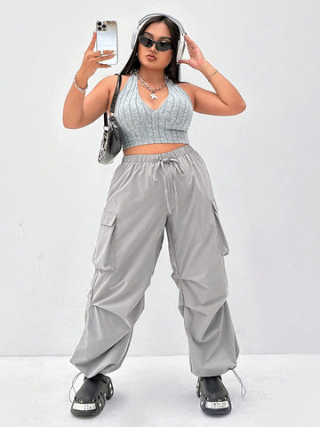 Plus Size Women Fashionable Solid Color Sleeveless Vest And Long Trousers Two Piece Set