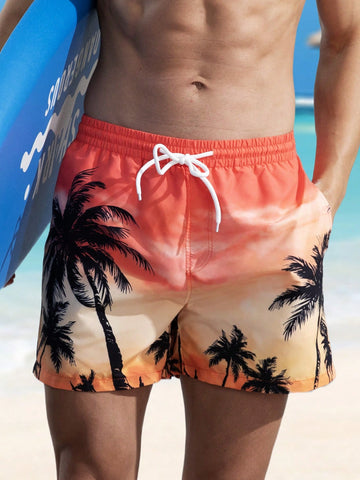 Men's Coconut Tree Printed Drawstring Waist Beach Shorts