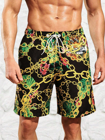 Men's Chain Pattern Drawstring Waist Beach Shorts