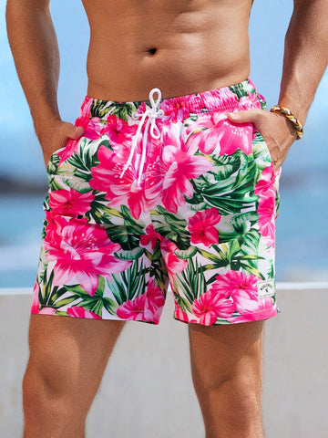 Men Leisure Beach Shorts With Flower And Plant Print
