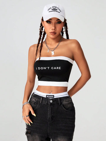 Women Tube Top Short Crop Top In Black And White Contrast Color With Embroidered Letters