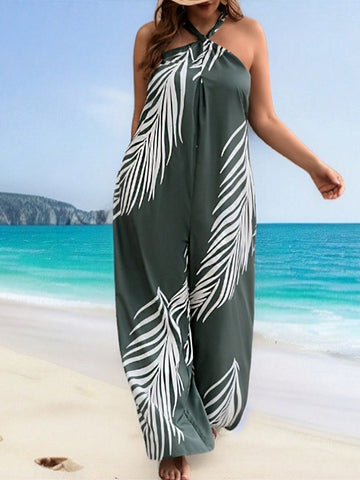 Plus Size Holiday Summer Green Leaves Print Halter Jumpsuit With Wide Leg Pants For Women Beachwear