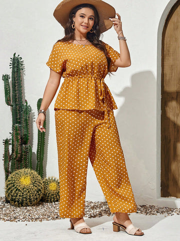 Plus Size Women Summer Polka Dot Print Round Neck Batwing Short-Sleeved Top And Loose Wide Leg Pants Two Piece Set
