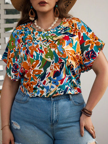 Plus Size Women Summer Holiday Floral Print Loose Fitting Short Sleeve Round Neck Shirt
