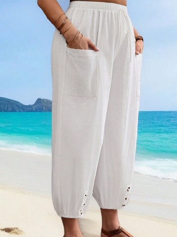 Plus Size Summer Holiday White Button Decor Women Casual Cropped Pants With Pockets