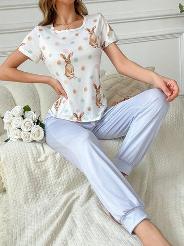 Women Rabbit Polka Dot Pattern Short Sleeve Top And Solid Color Long Pants Pajamas Set For Spring And Summer