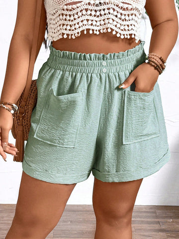 Plus Size Elastic Waist Textured Foot-Mouth Folded Hem Shorts With Patch Pockets, Casual Summer Shorts