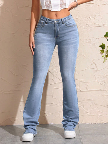 Ladies Simple Solid Color Low Waist Slim Fit Flared Jeans For Daily Wear