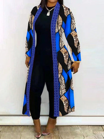 Women Irregular Printed Long Coat With Color Block Design