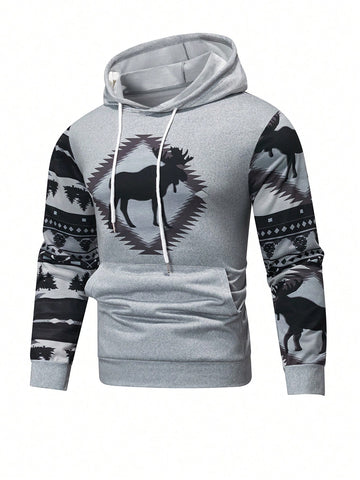 Men\ Pullover Hoodie In Colorblock And Animal Print, Designed With Pocket