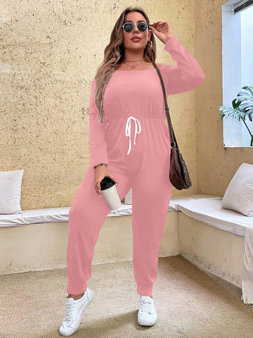 Plus Size Women Solid Color Off Shoulder Long Sleeve Loose Fit Jumpsuit With Waist Tie For Spring And Autumn