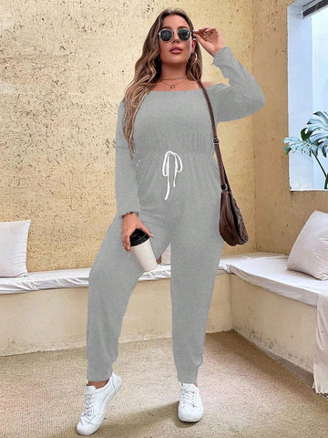 Plus Size Solid Color Simple Daily Long Sleeve Jumpsuit