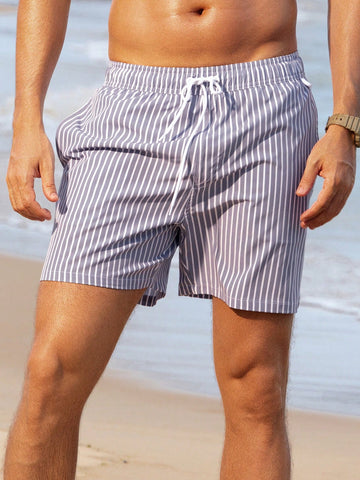 Men Blue And White Striped Beach Shorts, Casual And Vacation Outfit