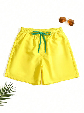 Men Simple Solid Color Drawstring Waist Beach Shorts