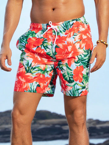 Men Tropical Printed Drawstring Waist Summer Holiday Beach Shorts