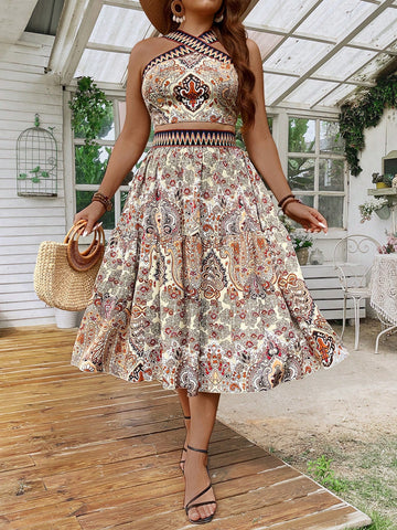 Plus Size Women Summer Floral Print Halter Top And Long Loose Skirt Set For Vacation Style