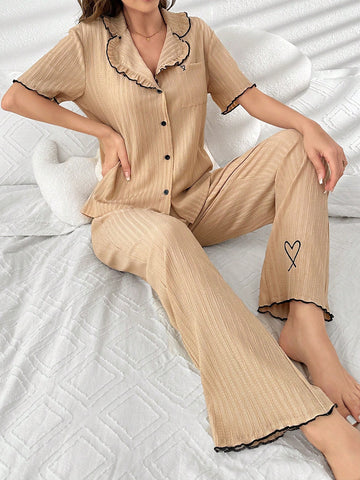 Heart Embroidery Pocket Short Sleeve Top And Long Pants Women Pajama Set