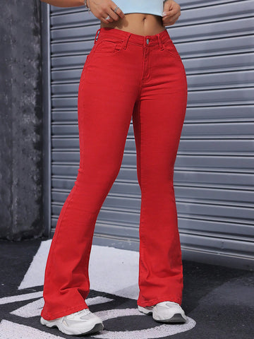 Women Red Flared Jeans With Pockets, Casual Style