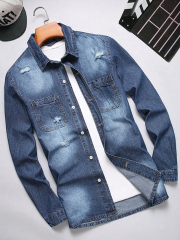 Men Solid Color Simple Design Long Sleeve Denim Shirt