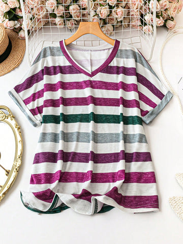 Plus Size Striped Contrast Color V-Neck Batwing Sleeve T-Shirt For Summer