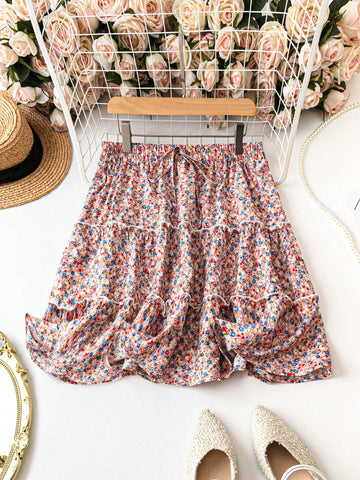 Plus Size Ditsy Floral Print Layered Ruffled Hem A-Line Skirt