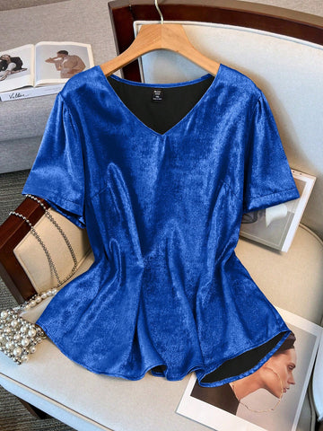 Plus Size Summer Casual V-Neck Short Sleeve Fashionable All-Match Simple Shirt
