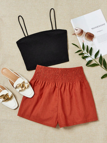 Summer Casual Solid Color Cami Top & High Waisted Shorts Set