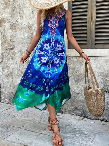 Women Fashion Multicolor Printed Sleeveless Dress