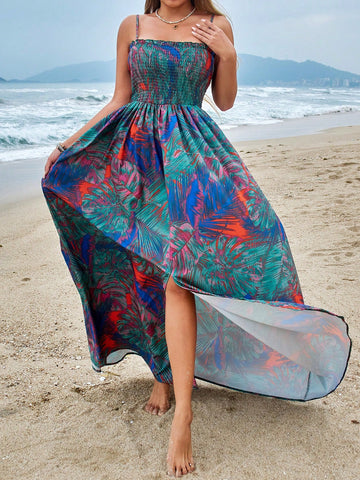 Women Beach Vacation Tropical Plant Print Drawstring High Low Hem Swing Cami Dress