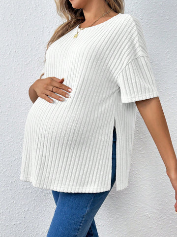 Maternity Casual And Loose Fit Long T-Shirt With Round Neck And Slit