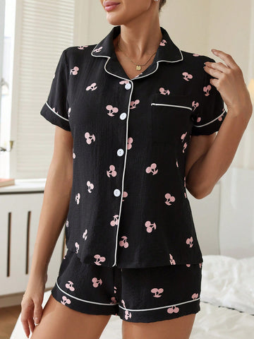 Women Summer Cherry Print Short Sleeve Single Breasted Top And Shorts Casual Sleepwear Set