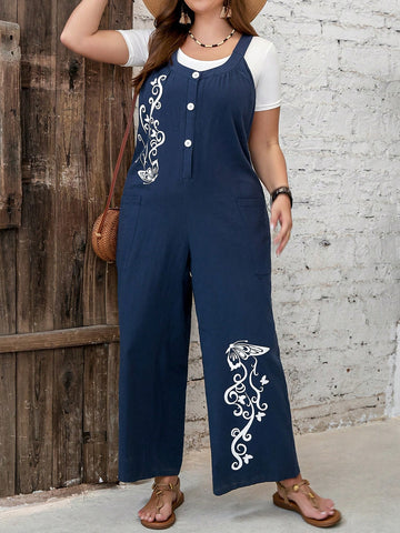 Plus Size Butterfly & Floral Print Long Blue Jumpsuit For Vacation & Leisure