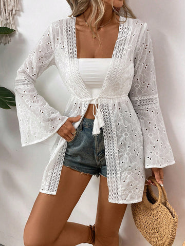 Women Summer Fashionable V-Neck Lace-Up Long Sleeve Jacket, Versatile And Casual