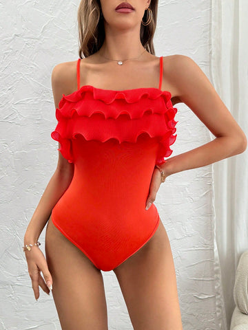 Women Elegant And Stylish Leotard With Ruffled Hem And Floral Lace Shoulder Straps For Summer Daily And Holiday